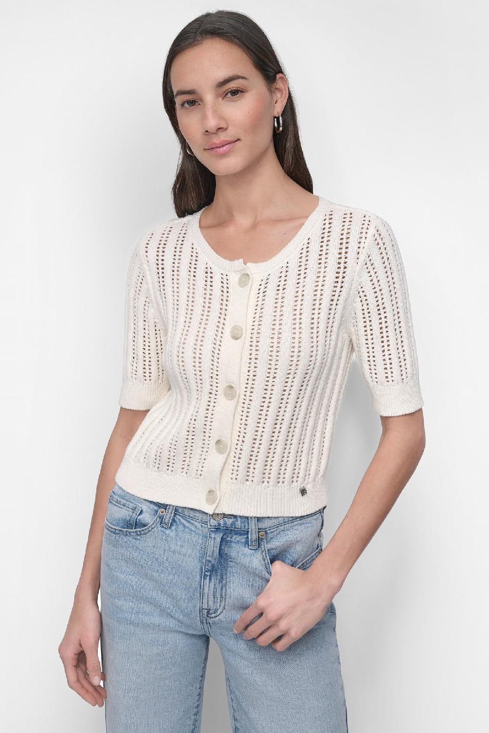 dkny CABLE POINTELLE KNIT CARDIGAN Ivory