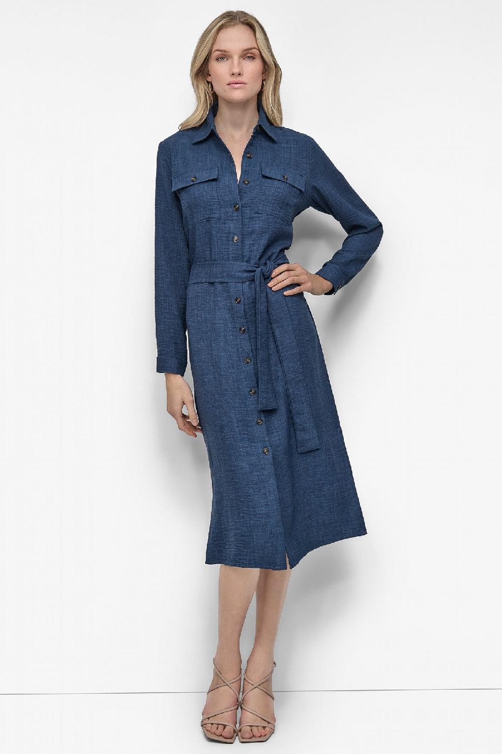 dkny COLLARED BUTTON DRESS DENIM