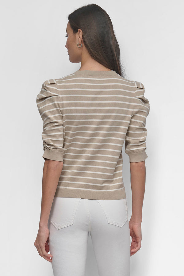 Dkny CREW NECK STRIPE TOP WITH PUFF PEBBLE/IVORY