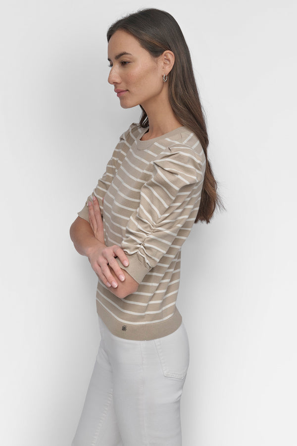 Dkny CREW NECK STRIPE TOP WITH PUFF PEBBLE/IVORY