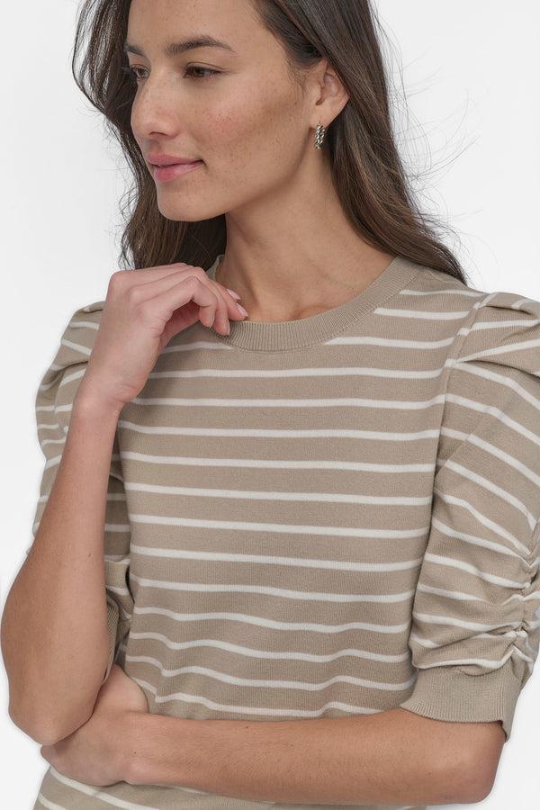 Dkny CREW NECK STRIPE TOP WITH PUFF PEBBLE/IVORY
