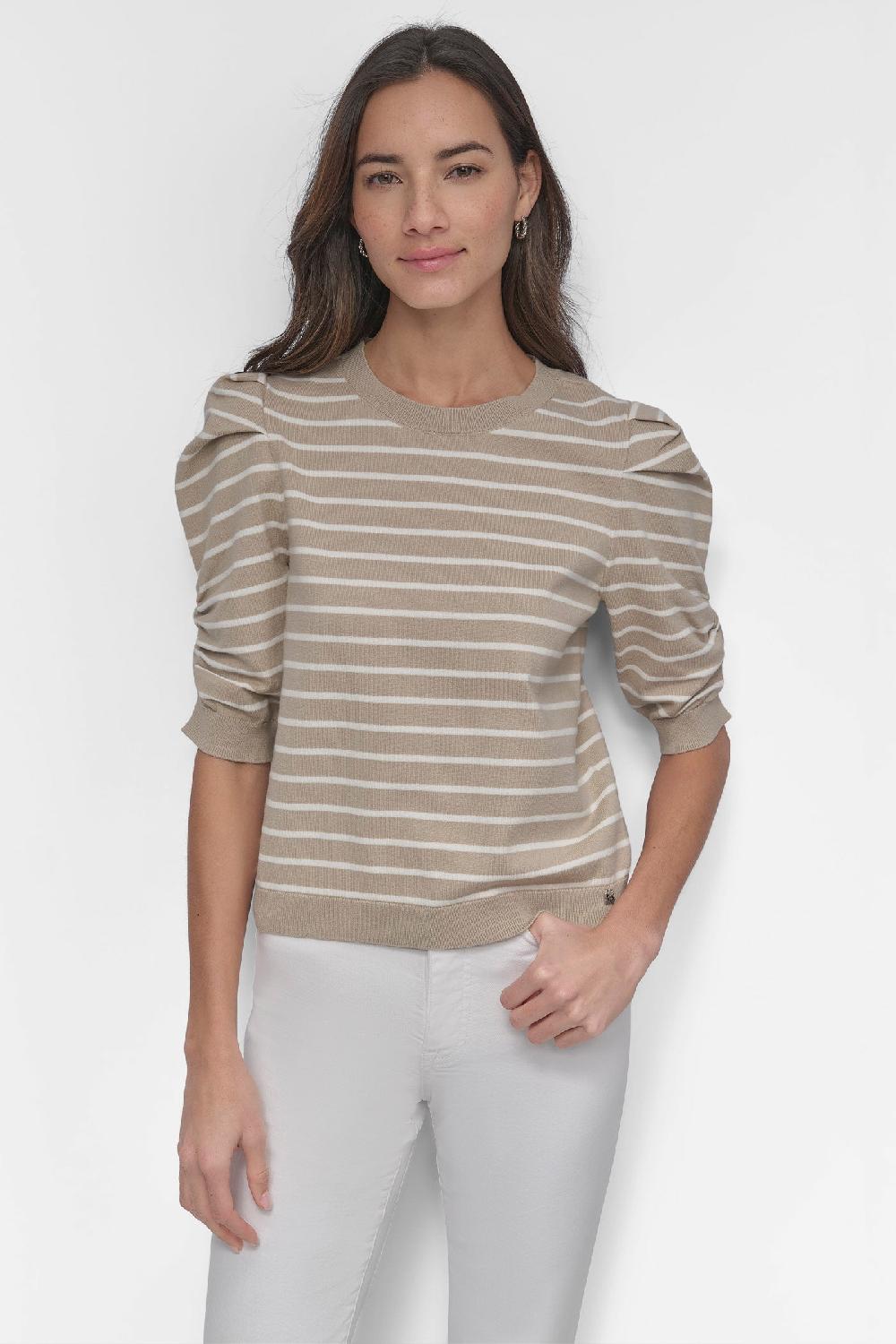 dkny CREW NECK STRIPE TOP WITH PUFF PEBBLE/IVORY