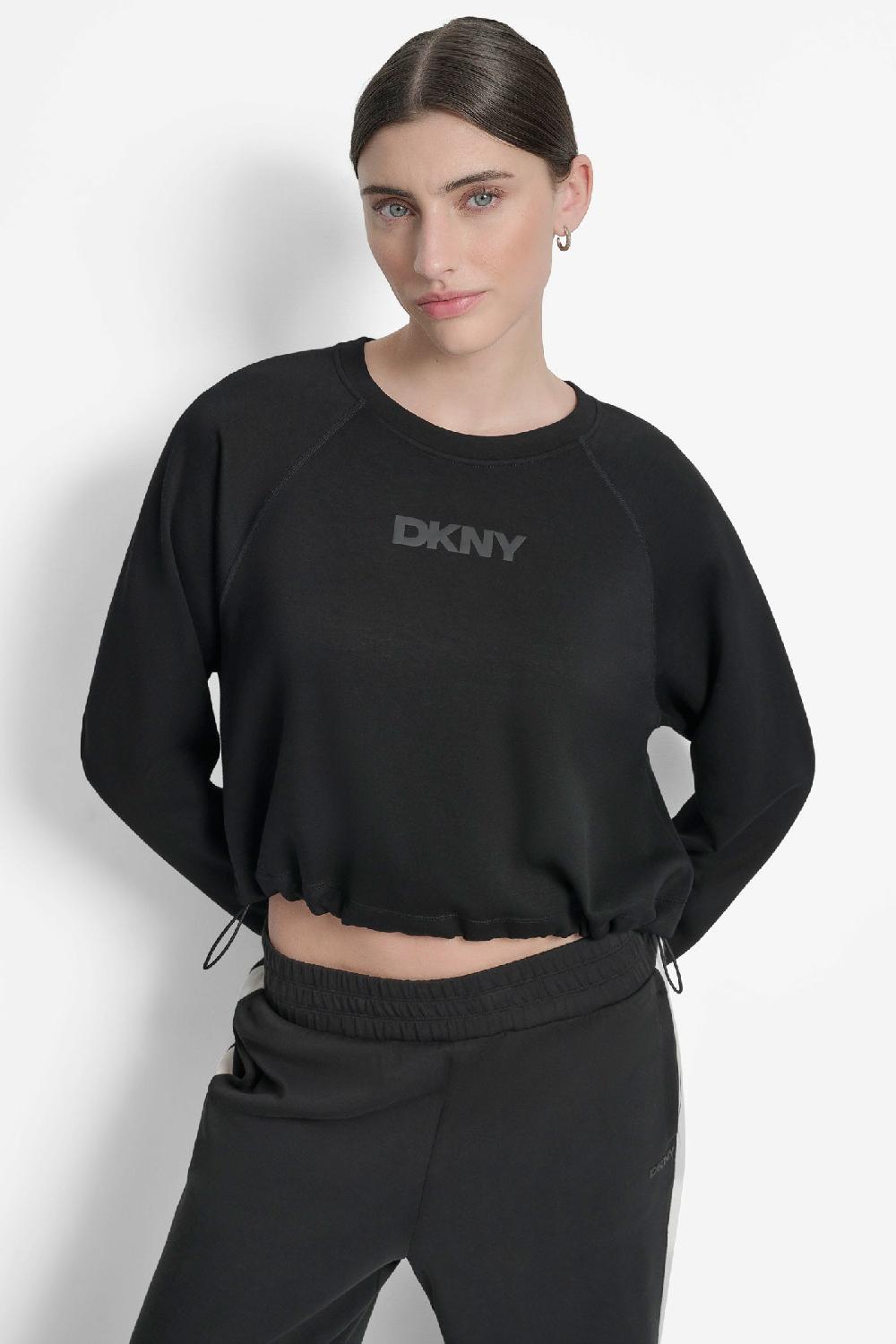 dkny CROPPED DRAWSTRING-HEM SWEATSHIRT Black