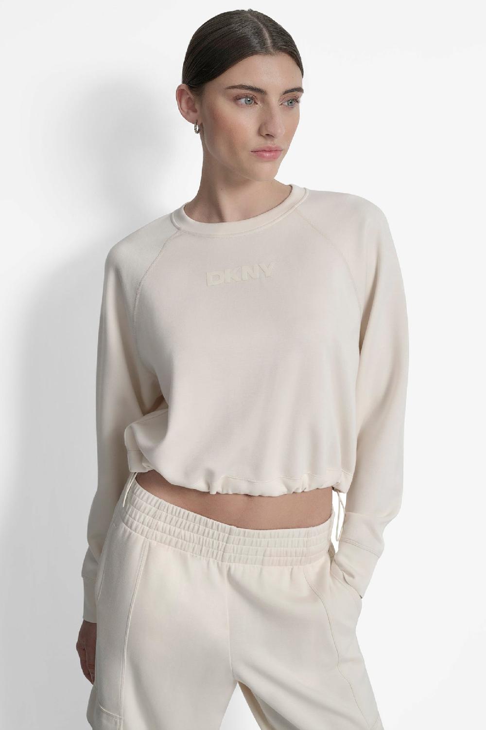 dkny CROPPED DRAWSTRING-HEM SWEATSHIRT EGGNOG