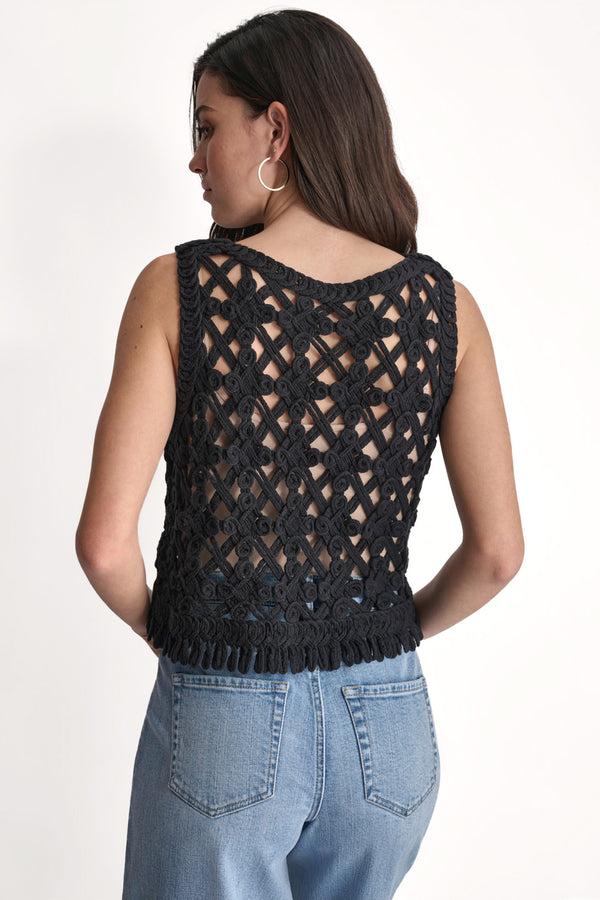 Dkny CROPPED FRINGE CROCHET TANK Black