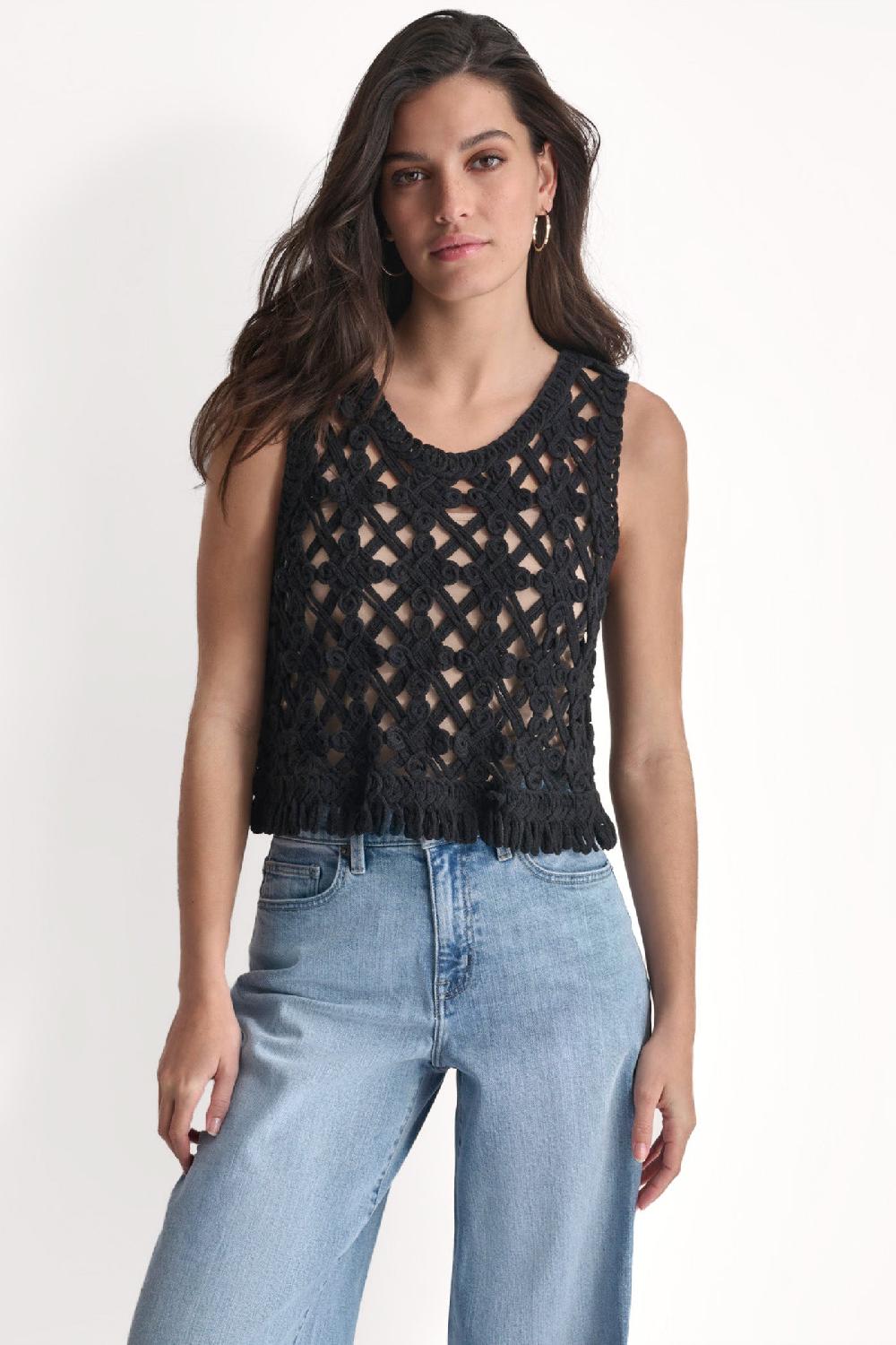 dkny CROPPED FRINGE CROCHET TANK Black