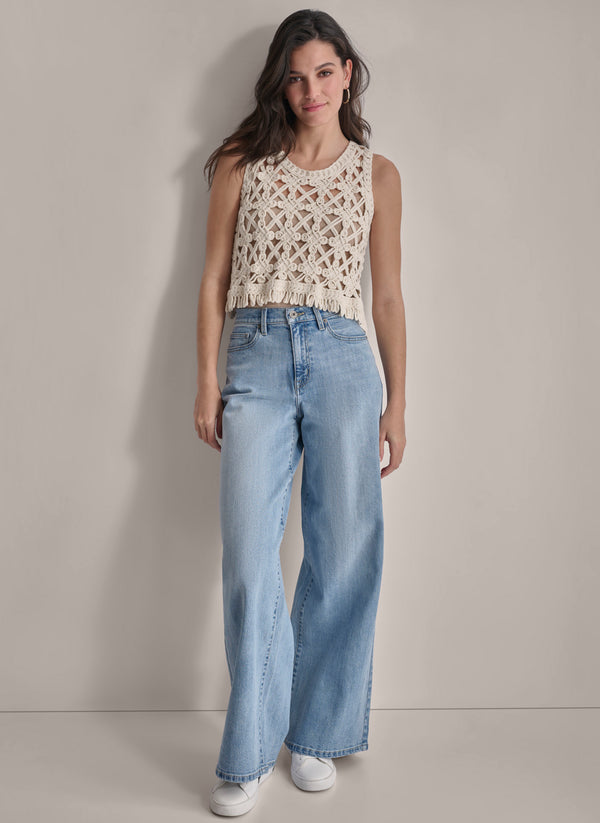 Dkny CROPPED FRINGE CROCHET TANK LIGHT CITY KHAKI