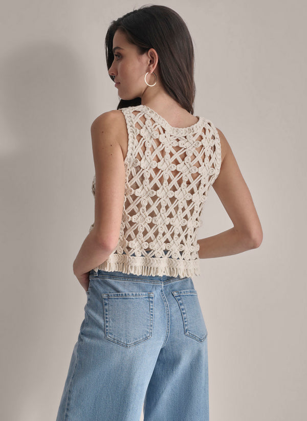 Dkny CROPPED FRINGE CROCHET TANK LIGHT CITY KHAKI