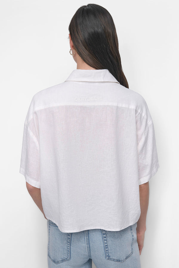 Dkny CROPPED LINEN-BLEND SHIRT IVORY