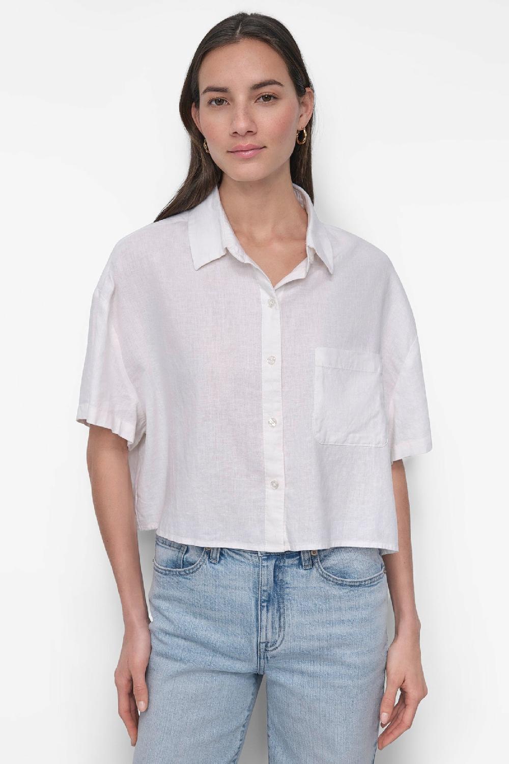 dkny CROPPED LINEN-BLEND SHIRT IVORY