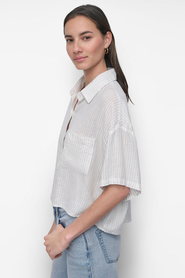 Dkny CROPPED LINEN-BLEND SHIRT JONES STRIPE POWDER