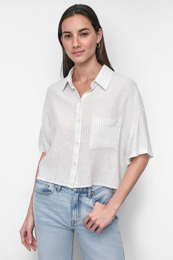 Dkny CROPPED LINEN-BLEND SHIRT JONES STRIPE POWDER