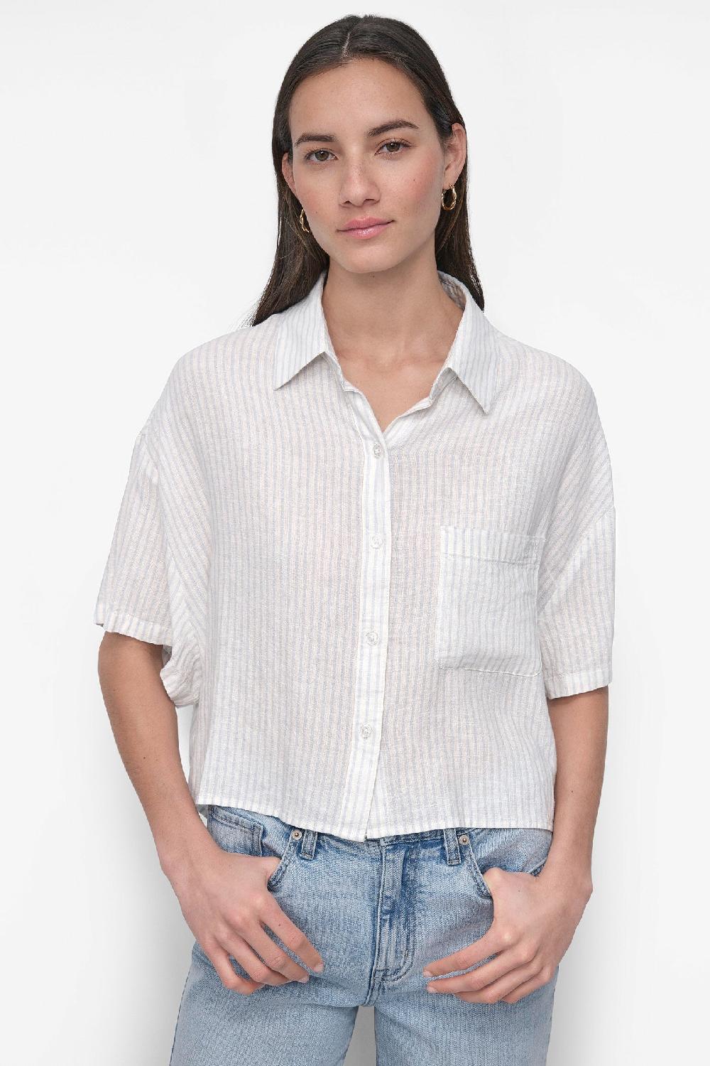 dkny CROPPED LINEN-BLEND SHIRT JONES STRIPE POWDER