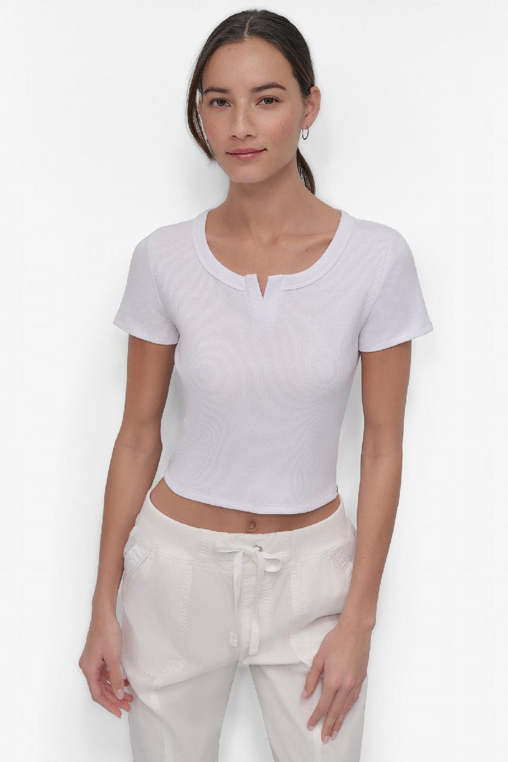 dkny CROPPED NOTCH NECK PERFORMANCE TEE White