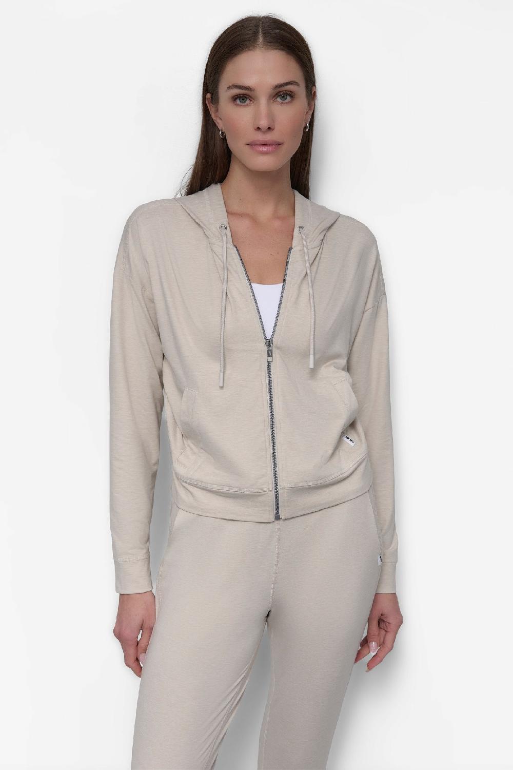 dkny CROPPED SPACE-DYED HOODIE PEBBLE SPACEDYE