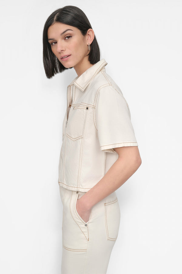 Dkny CROPPED ZIP-FRONT DENIM SHIRT Beige