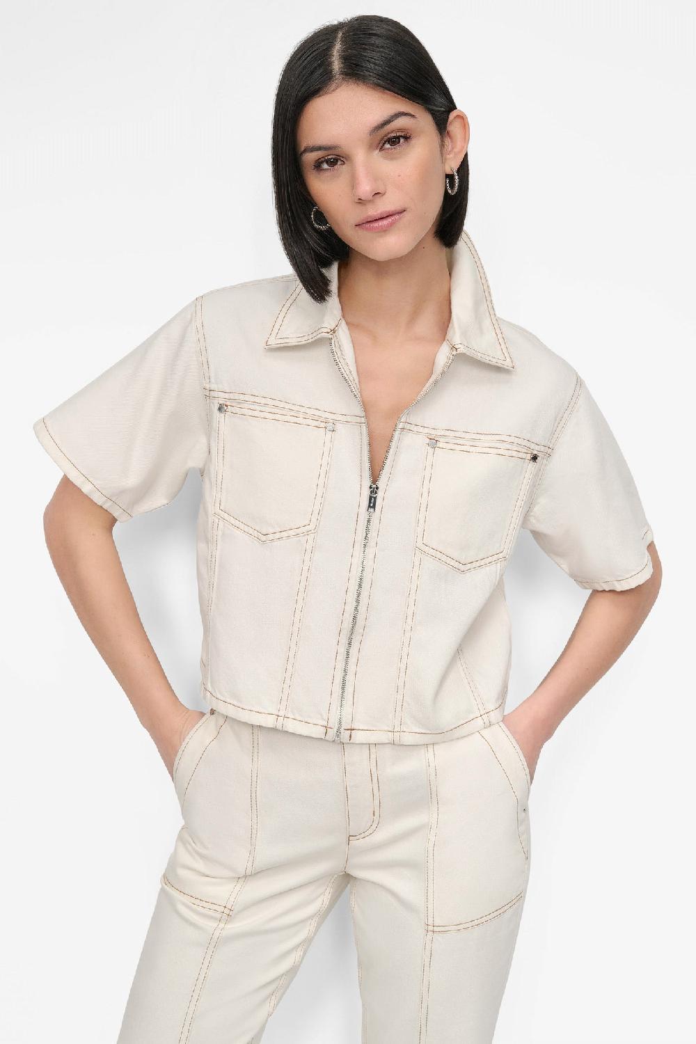 dkny CROPPED ZIP-FRONT DENIM SHIRT Beige