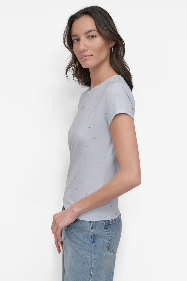 Dkny CRYSTAL EMBELLISHED LOGO TEE Skyway Blue