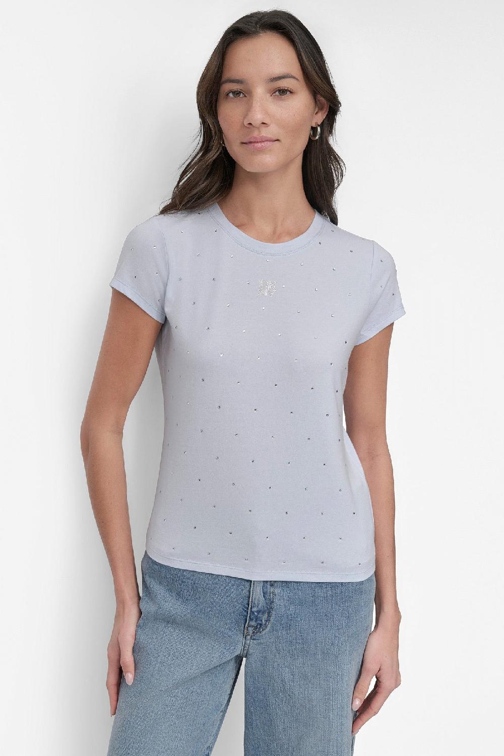 dkny CRYSTAL EMBELLISHED LOGO TEE Skyway Blue