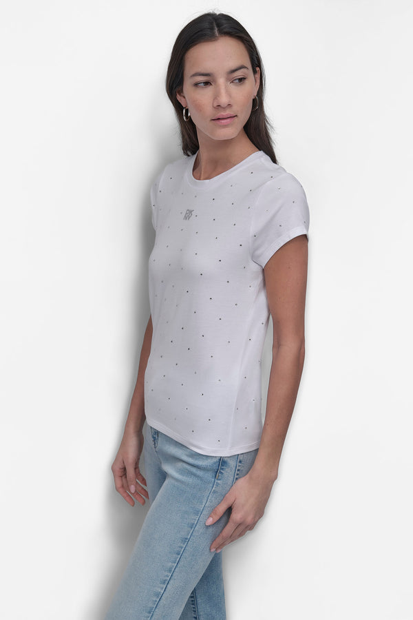 Dkny CRYSTAL EMBELLISHED LOGO TEE White