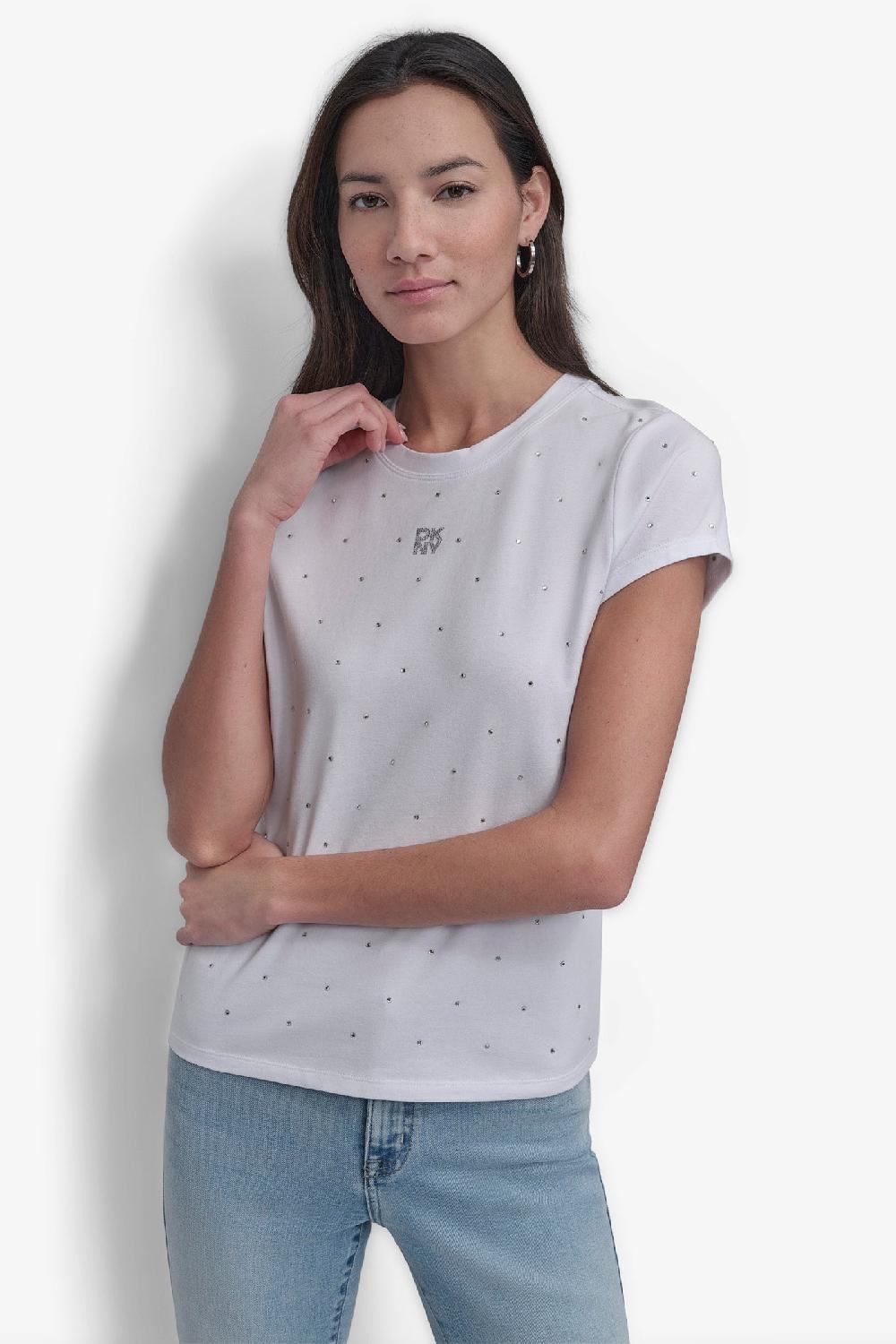 dkny CRYSTAL EMBELLISHED LOGO TEE White