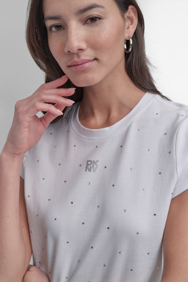 Dkny CRYSTAL EMBELLISHED LOGO TEE White