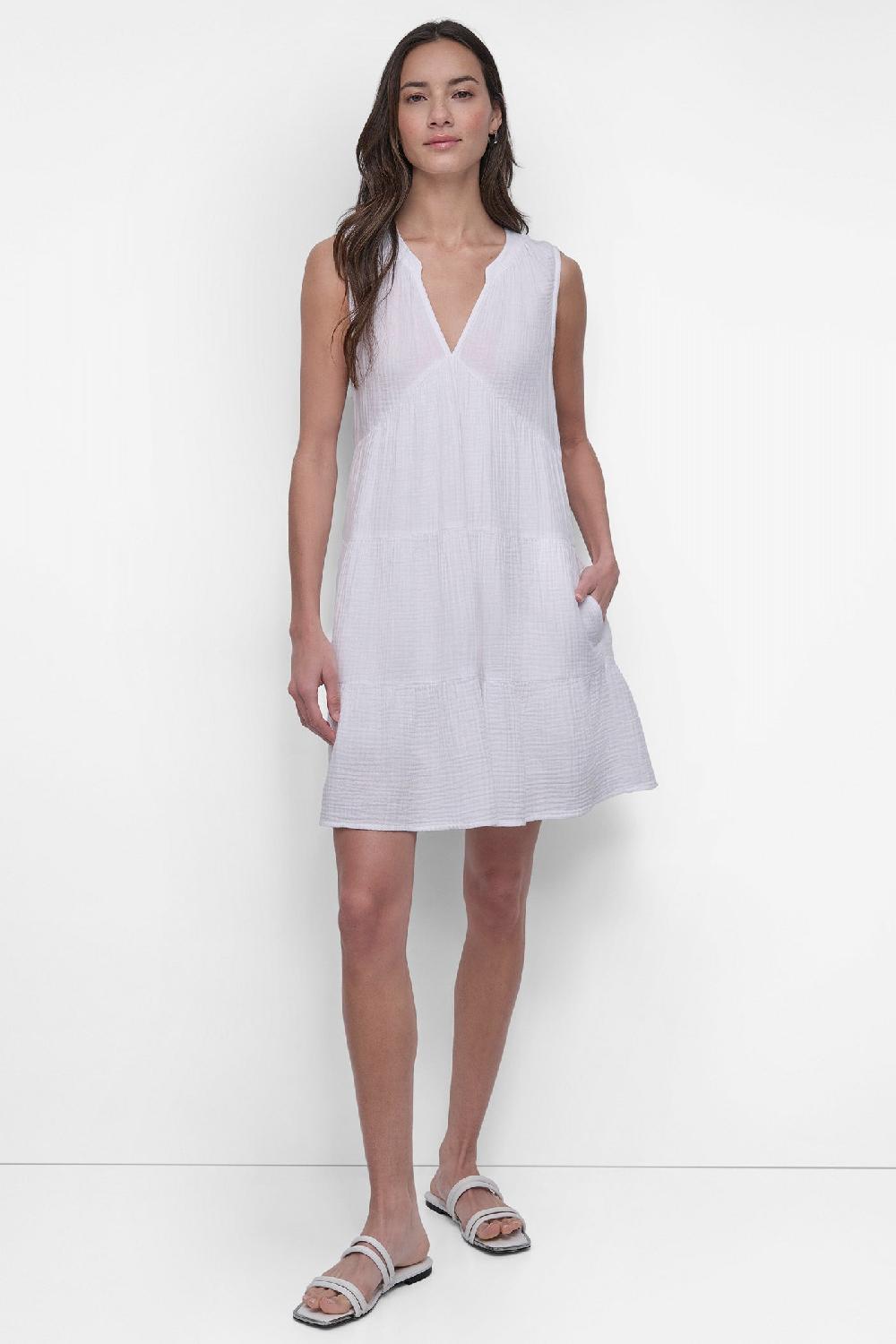dkny DOUBLE CREPE GAUZE DRESS WHITE