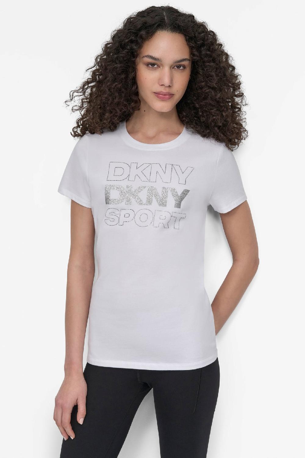dkny EMBELLISHED LOGO TEE WHITE/SILVER