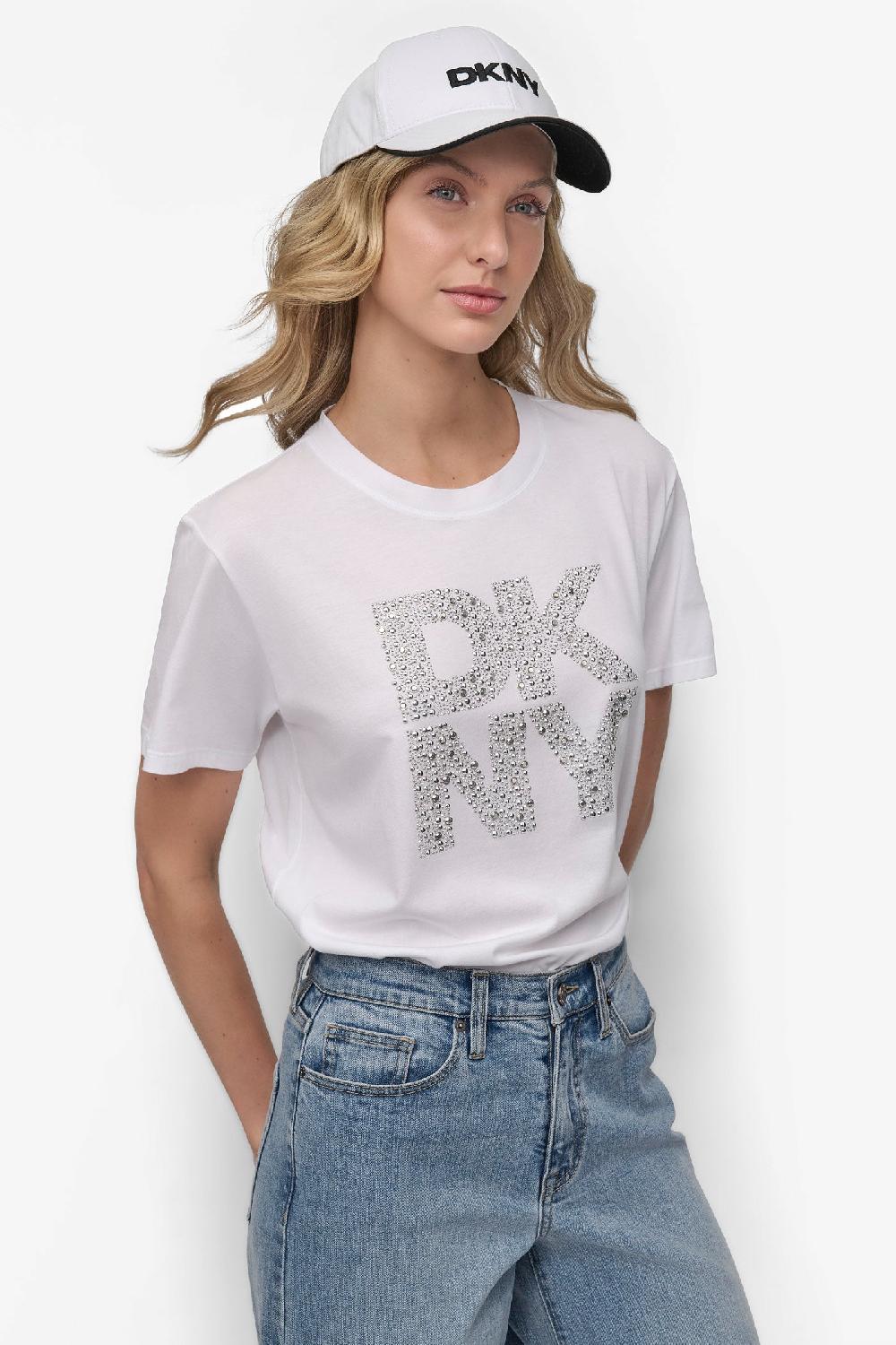 dkny EMBELLISHED LOGO TEE WHITE/SILVER