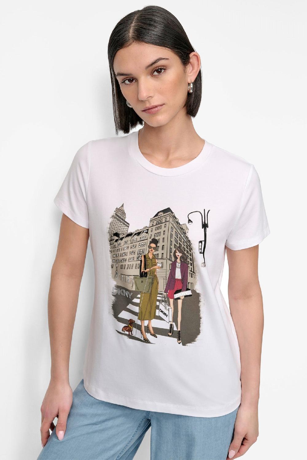 dkny FIFTH AVE EMBELLISHED GRAPHIC TEE White