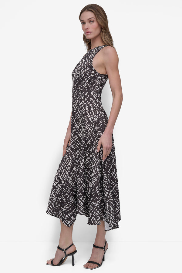 Dkny FIT & FLARE HIGH-LOW MIDI DRESS Black/Ivory