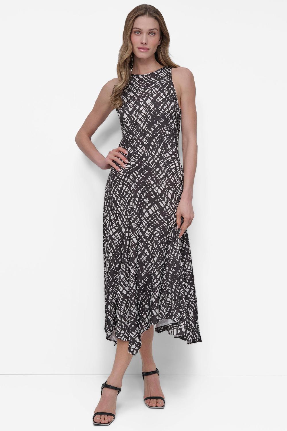 dkny FIT & FLARE HIGH-LOW MIDI DRESS Black/Ivory
