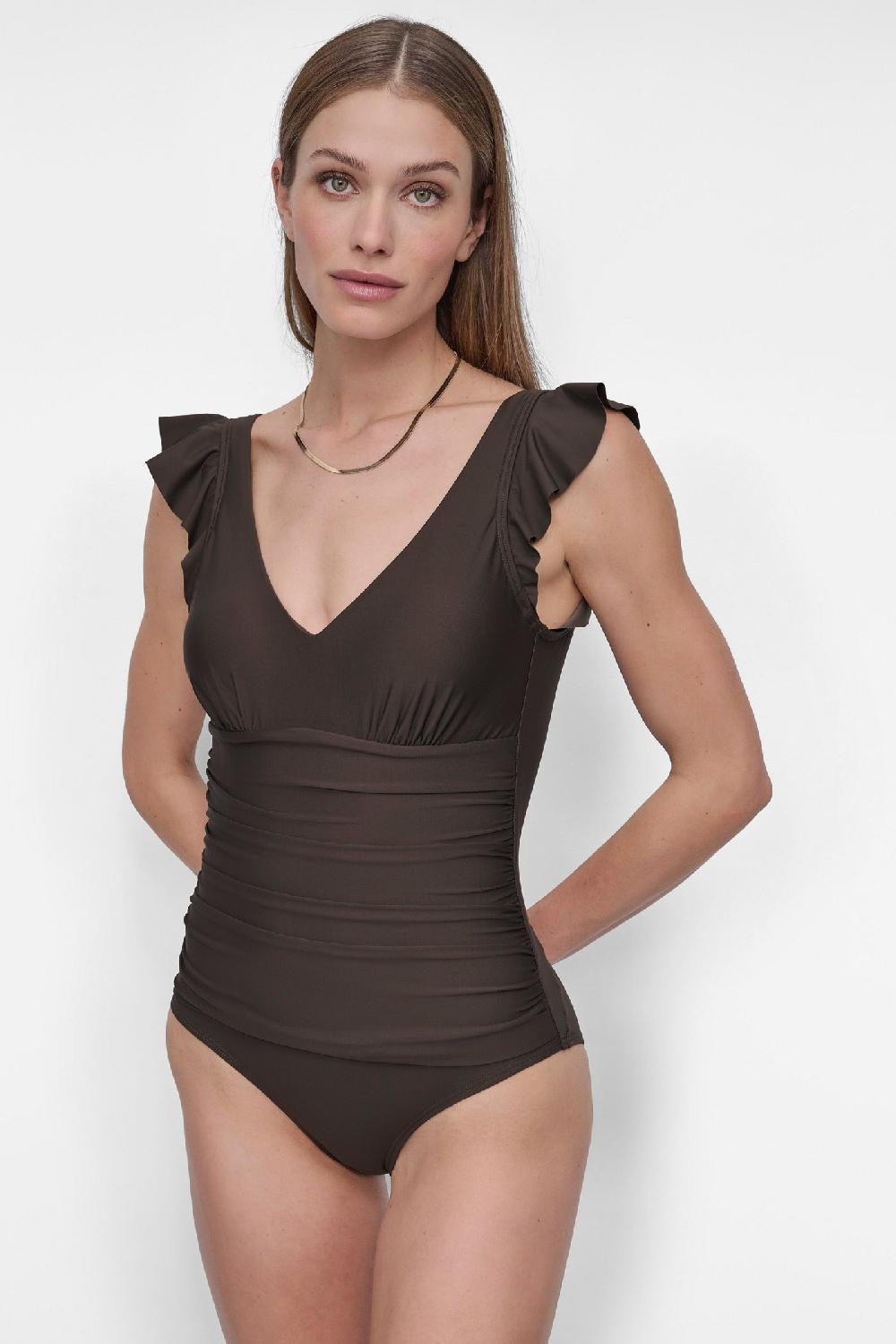 dkny FLUTTER SLEEVE ONE PIECE BRONZE