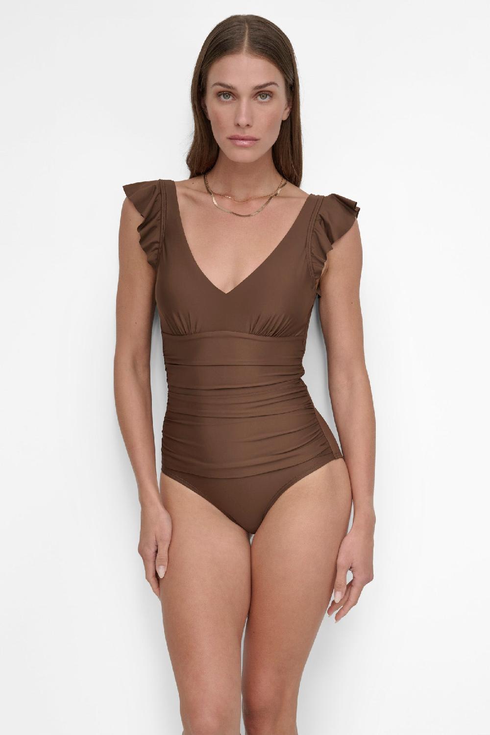 dkny FLUTTER SLEEVE ONE PIECE MOCHA