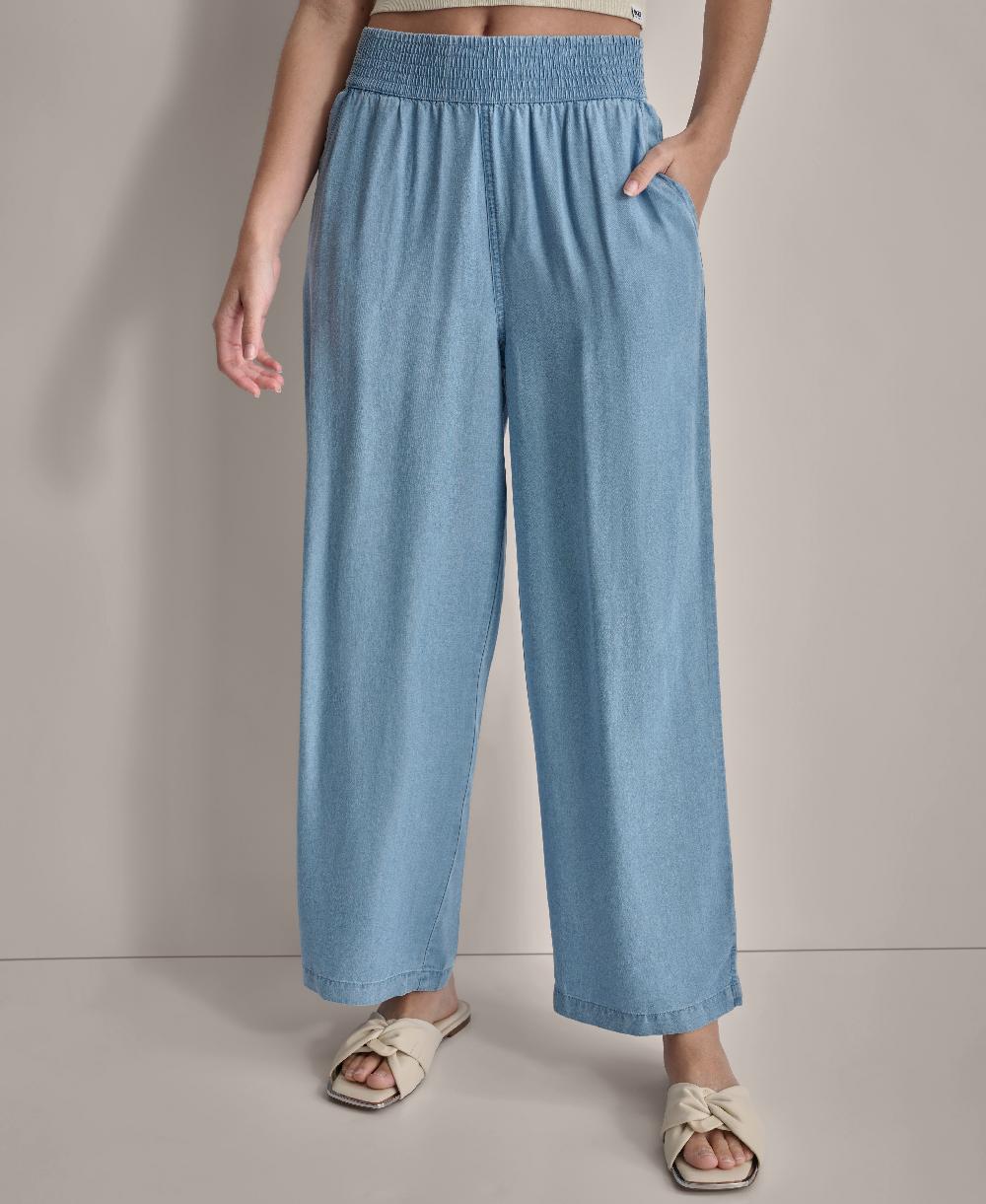 dkny GARMENT DYE WIDE LEG ANKLE PANT CHAMBRAY