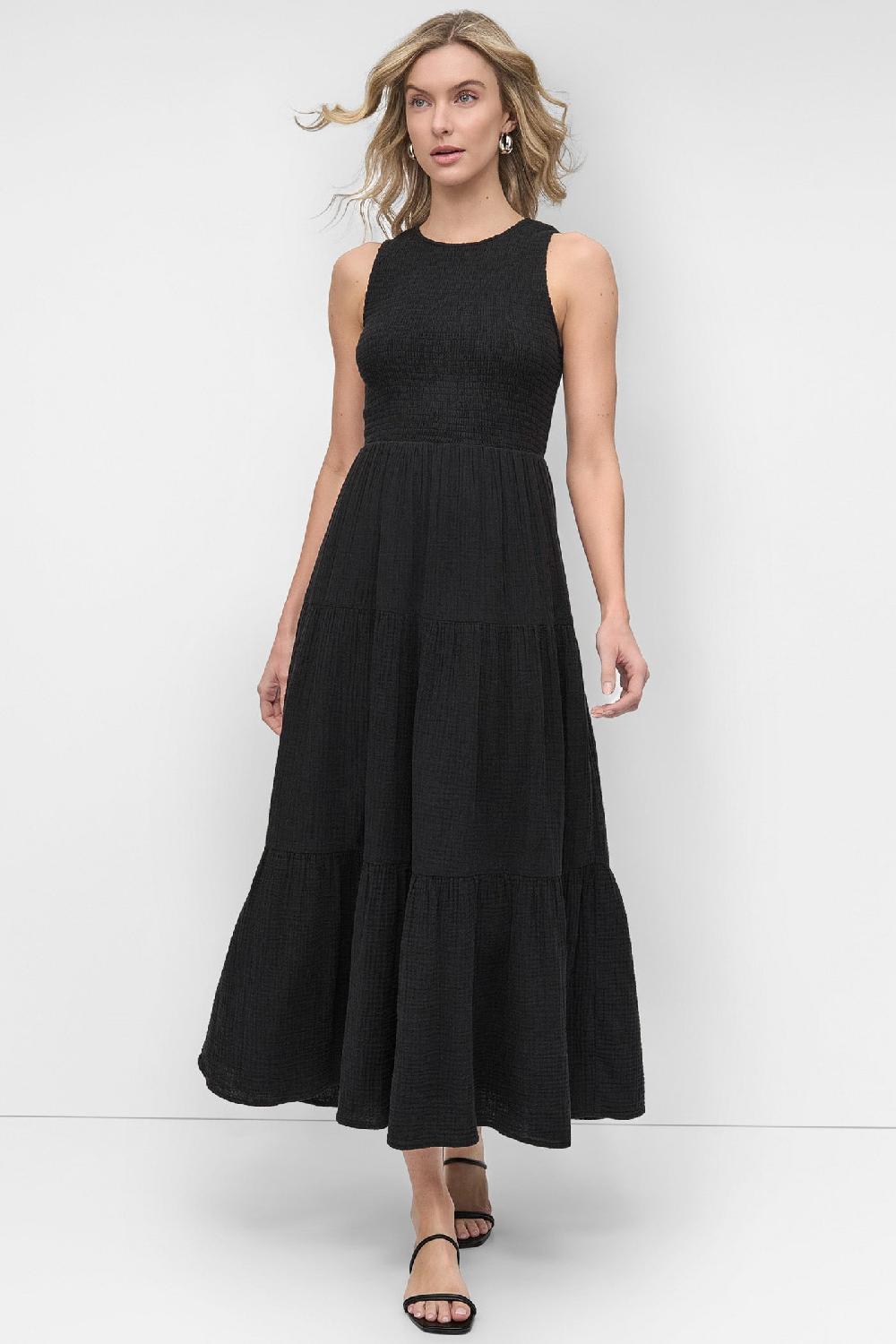 dkny GAUZE TIERED SMOCKED DRESS Black