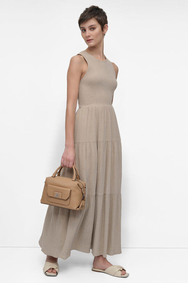 Dkny GAUZE TIERED SMOCKED DRESS PEBBLE