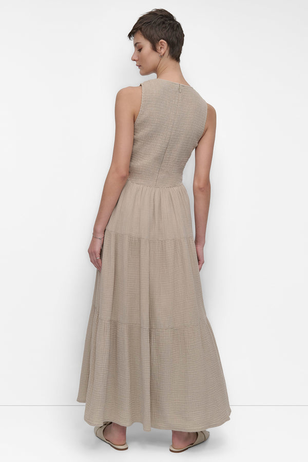 Dkny GAUZE TIERED SMOCKED DRESS PEBBLE