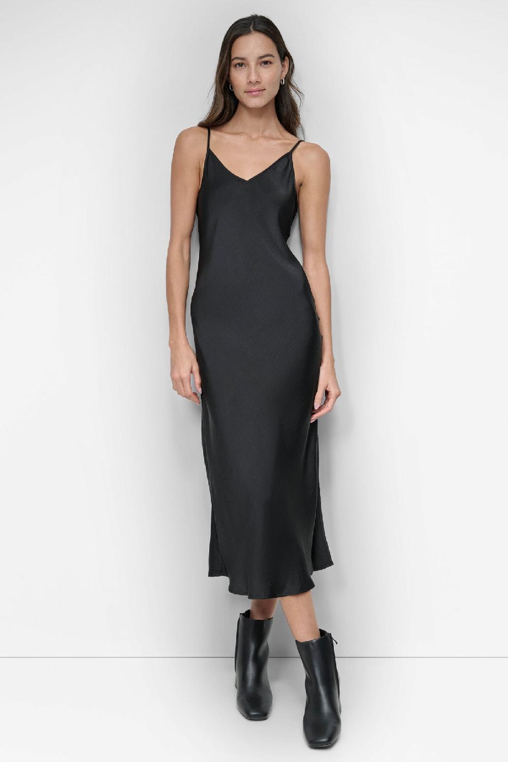 dkny HIGH-SPLIT MIDI SLIP DRESS Black