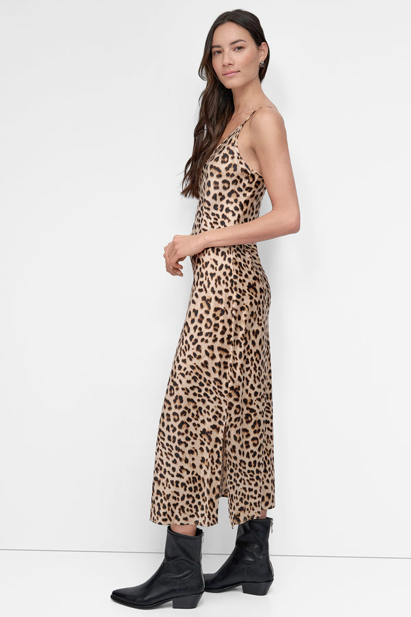 Dkny HIGH-SPLIT MIDI SLIP DRESS LEOPARD WHISKEY