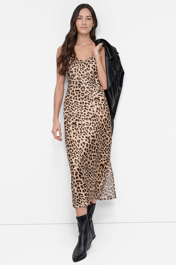 Dkny HIGH-SPLIT MIDI SLIP DRESS LEOPARD WHISKEY