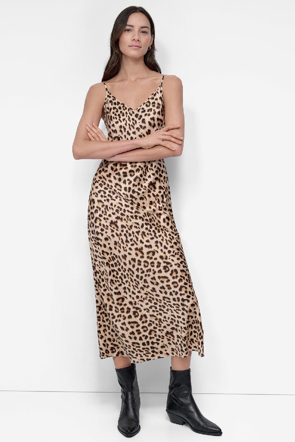 dkny HIGH-SPLIT MIDI SLIP DRESS LEOPARD WHISKEY