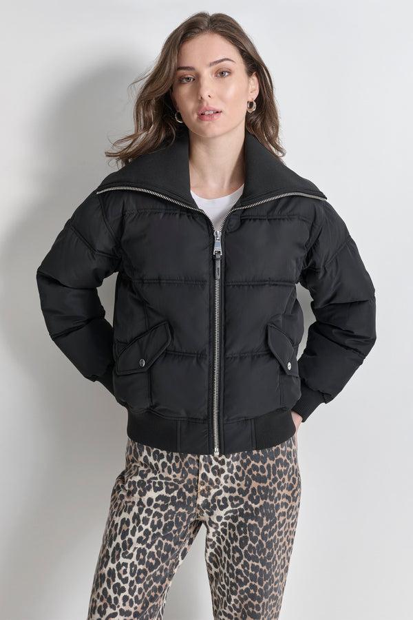 Dkny KNIT-TRIM ZIP-FRONT PUFFER COAT Black