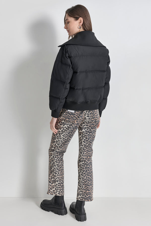 Dkny KNIT-TRIM ZIP-FRONT PUFFER COAT Black