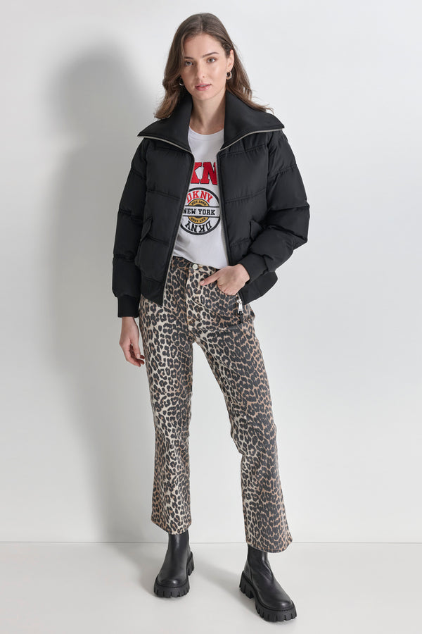 Dkny KNIT-TRIM ZIP-FRONT PUFFER COAT Black