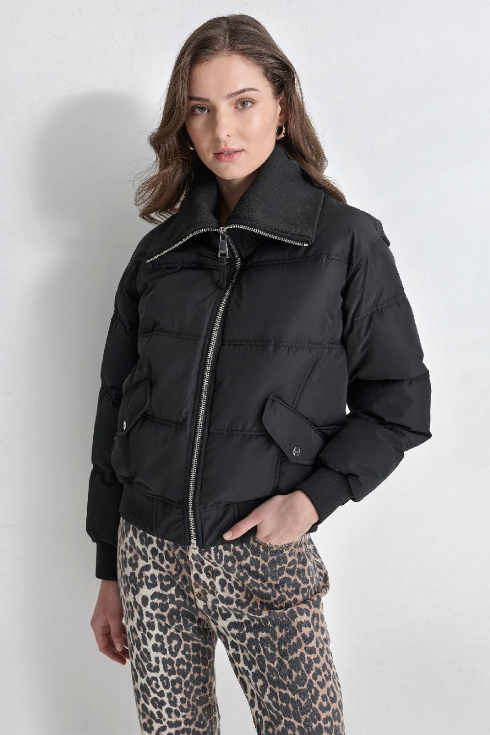 dkny KNIT-TRIM ZIP-FRONT PUFFER COAT Black