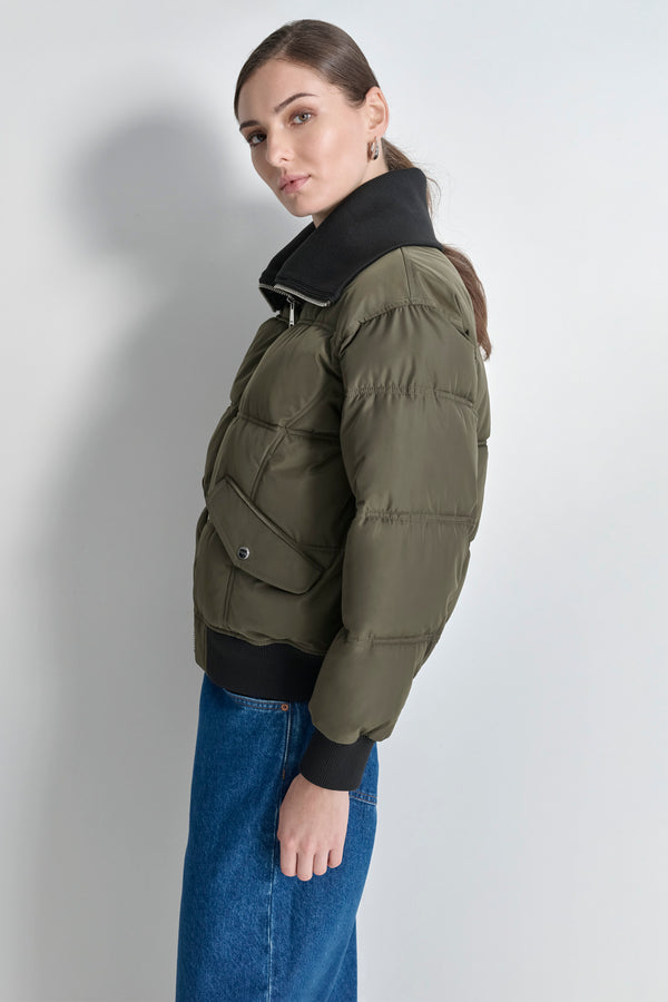 Dkny KNIT-TRIM ZIP-FRONT PUFFER COAT Green