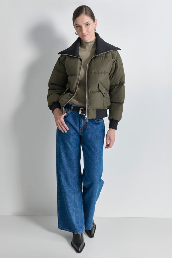 Dkny KNIT-TRIM ZIP-FRONT PUFFER COAT Green