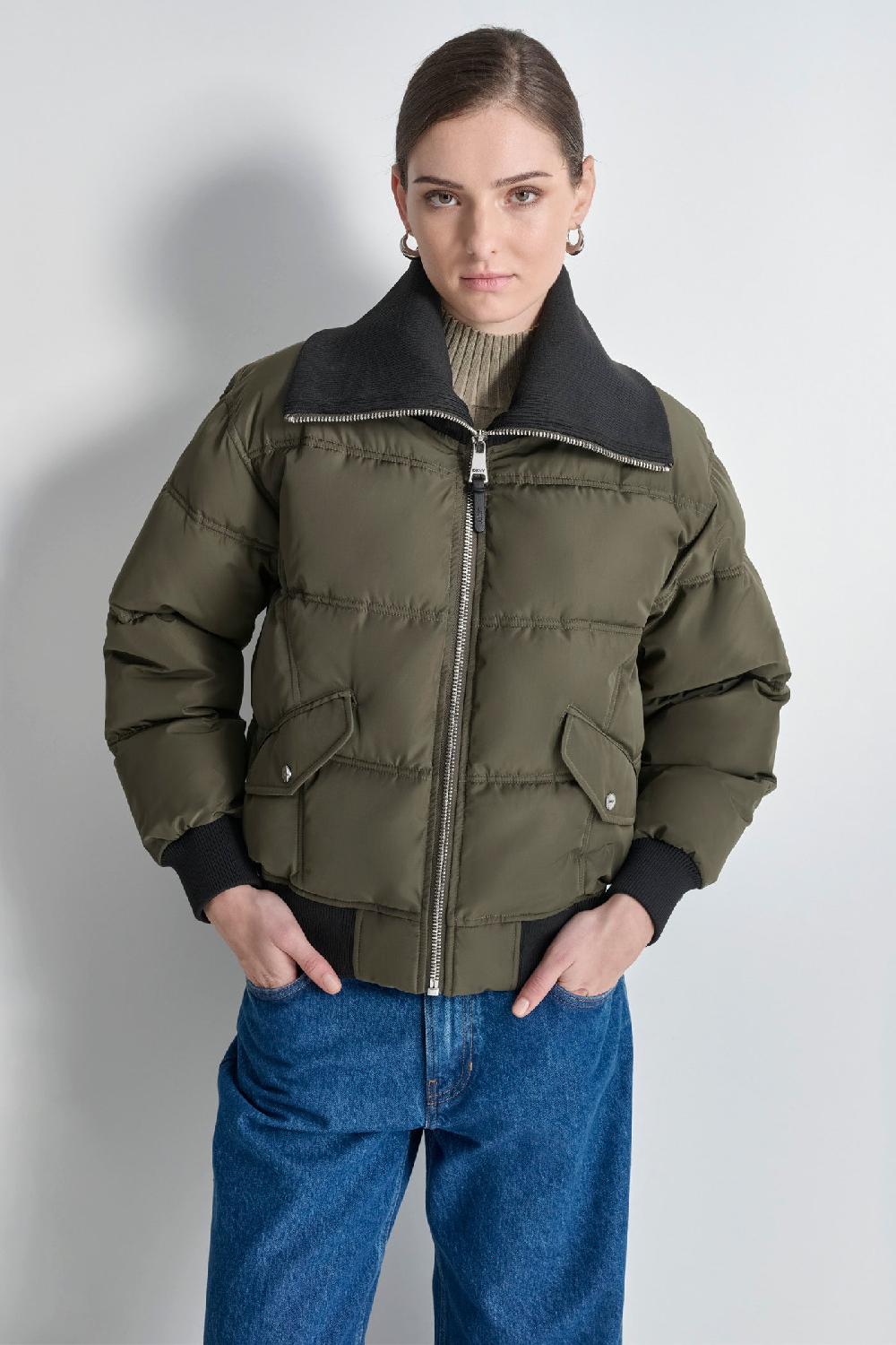 dkny KNIT-TRIM ZIP-FRONT PUFFER COAT Green
