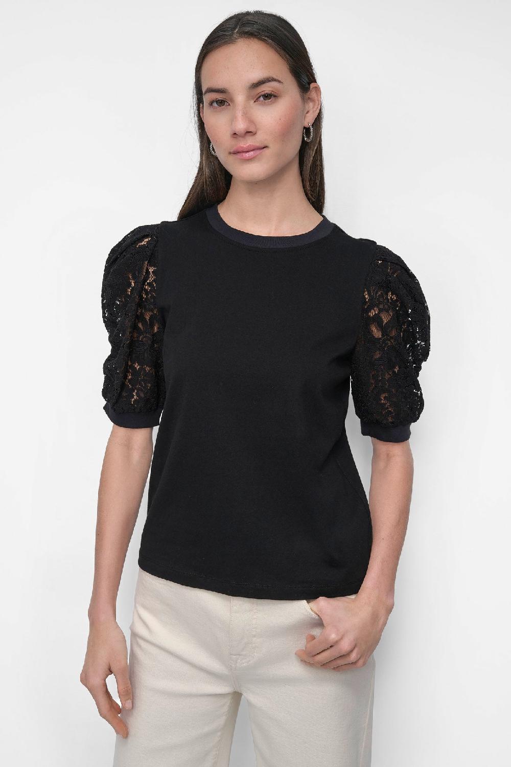dkny LACE-PANELED TEE BLACK